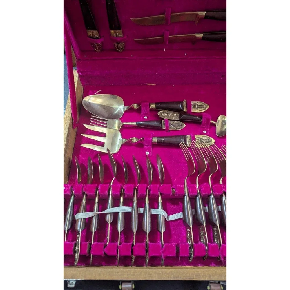 Vintage Sammy's Gems Thailand Bronze Wood Flatware Set 29 Pc‎ MCM Boho Luxury